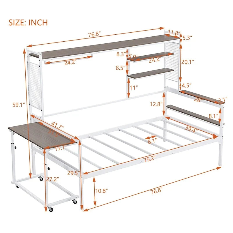 Lit de repos en métal avec bureau mobile, étagères et penderie