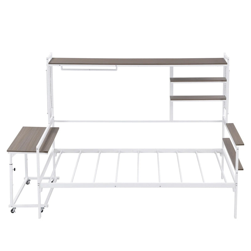 Lit de repos en métal avec bureau mobile, étagères et penderie
