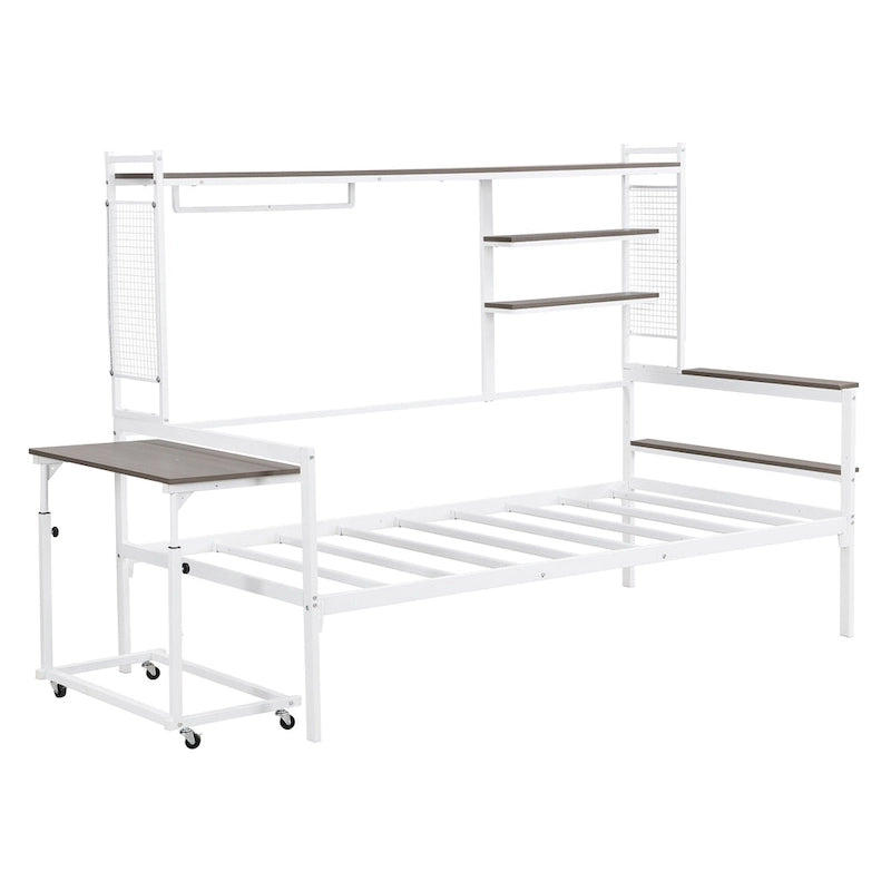 Lit de repos en métal avec bureau mobile, étagères et penderie