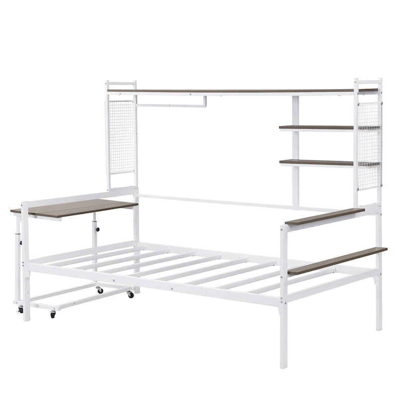 Lit de repos en métal avec bureau mobile, étagères et penderie