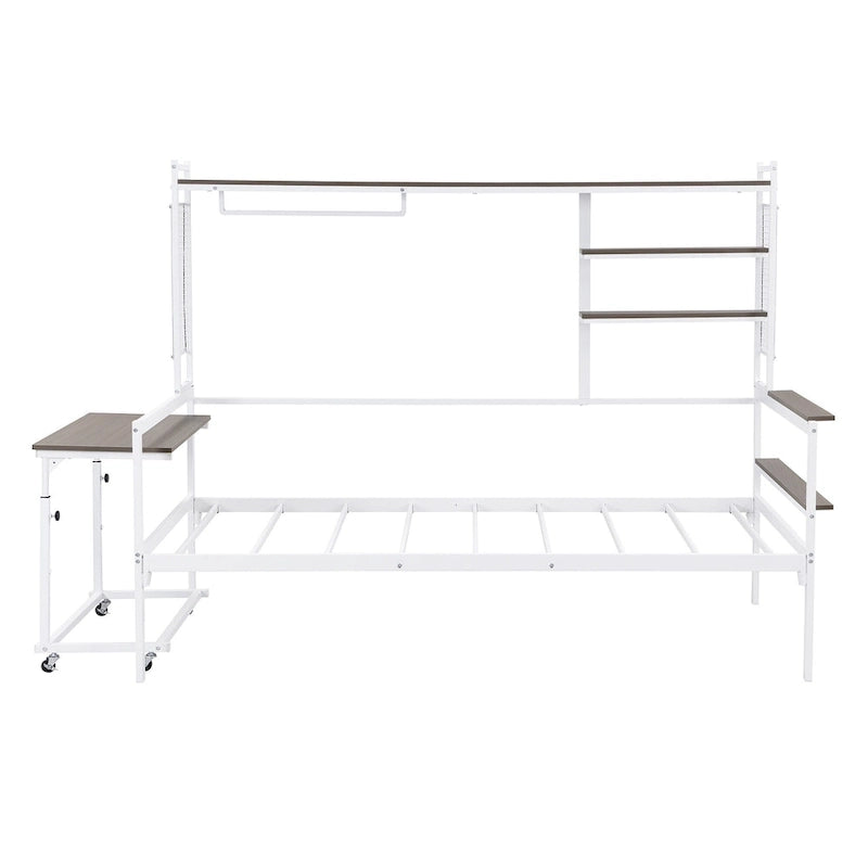 Lit de repos en métal avec bureau mobile, étagères et penderie