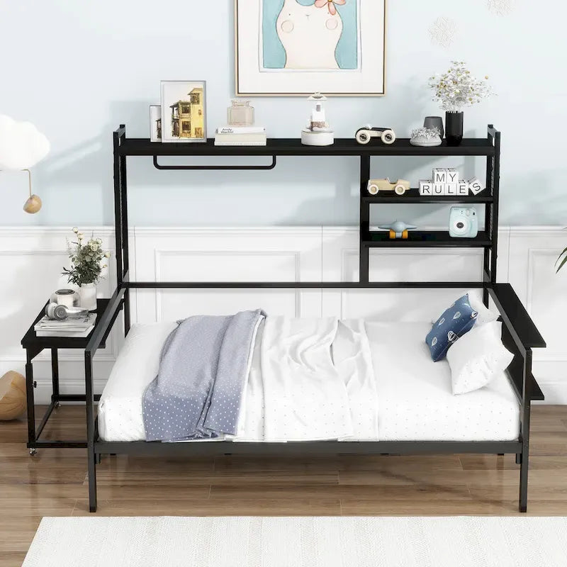 Lit de repos en métal avec bureau mobile, étagères et penderie