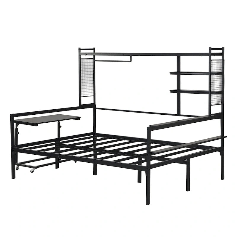 Lit de repos en métal avec bureau mobile, étagères et penderie