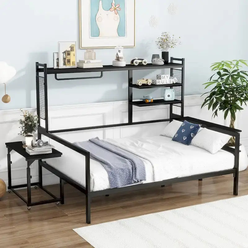 Lit de repos en métal avec bureau mobile, étagères et penderie