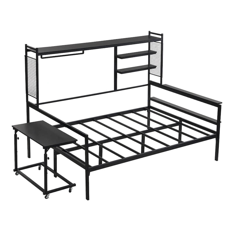 Lit de repos en métal avec bureau mobile, étagères et penderie