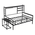 Lit de repos en métal avec bureau mobile, étagères et penderie