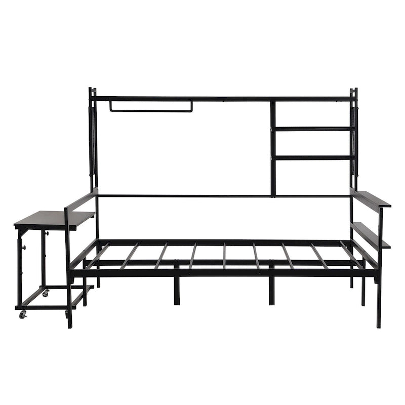 Lit de repos en métal avec bureau mobile, étagères et penderie