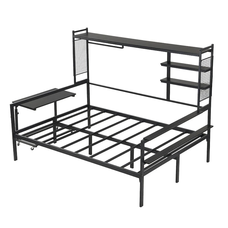 Lit de repos en métal avec bureau mobile, étagères et penderie