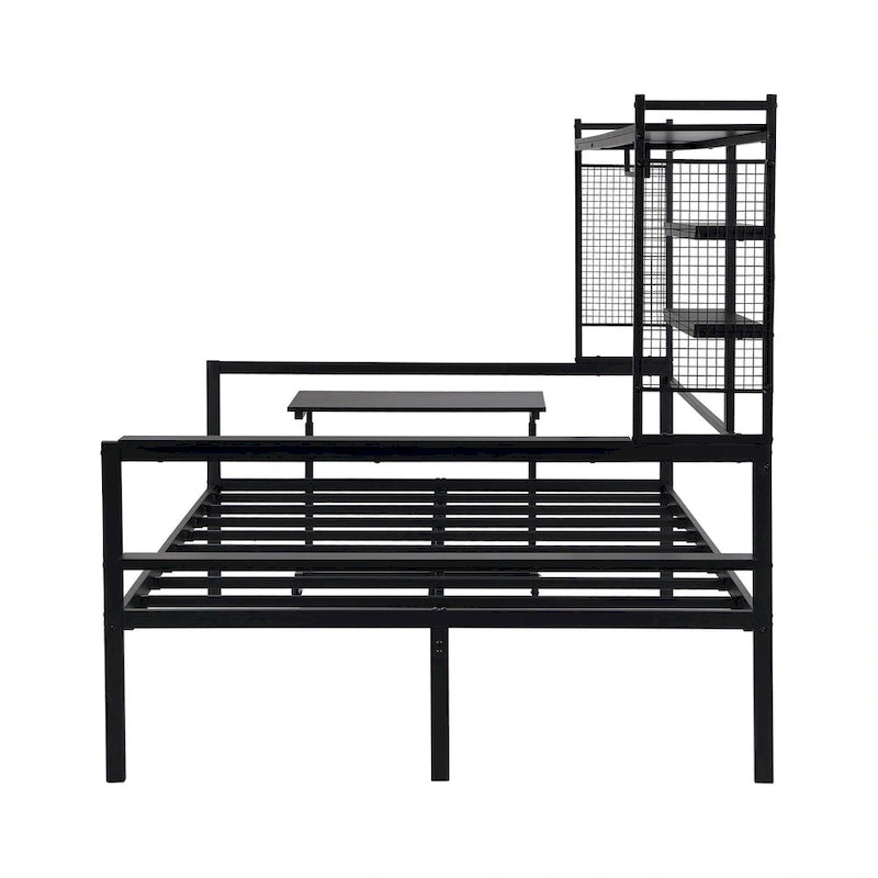 Lit de repos en métal avec bureau mobile, étagères et penderie