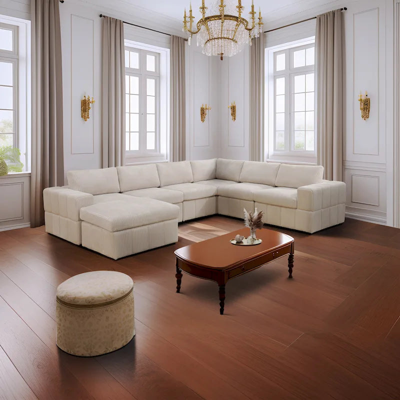 Grand canapé d'angle modulaire réversible 7 pièces de 330 cm de large avec ottomane