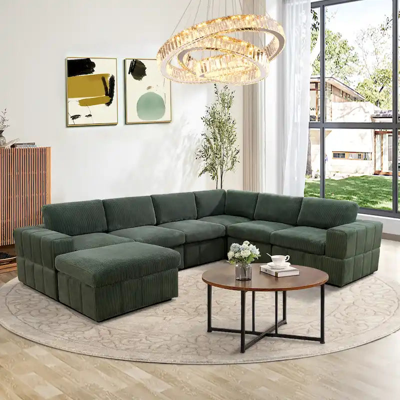 Grand canapé d'angle modulaire réversible 7 pièces de 330 cm de large avec ottomane