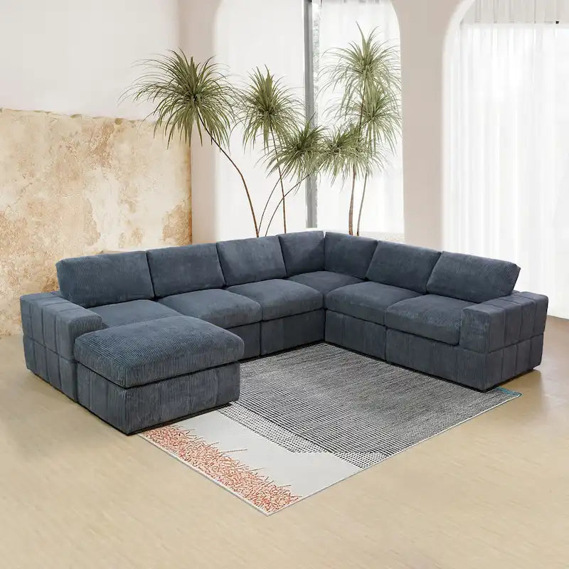 Grand canapé d'angle modulaire réversible 7 pièces de 330 cm de large avec ottomane