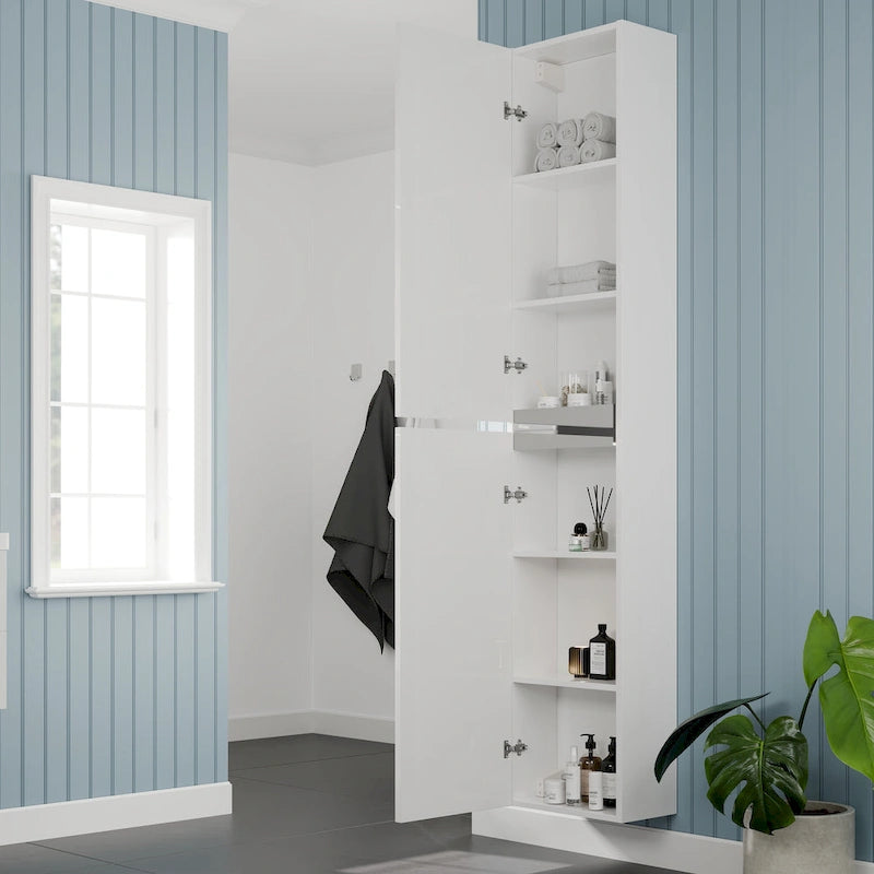 Armoire à linge autoportante blanc brillant 14"L x 70"H – Colonne de rangement pour salle de bain