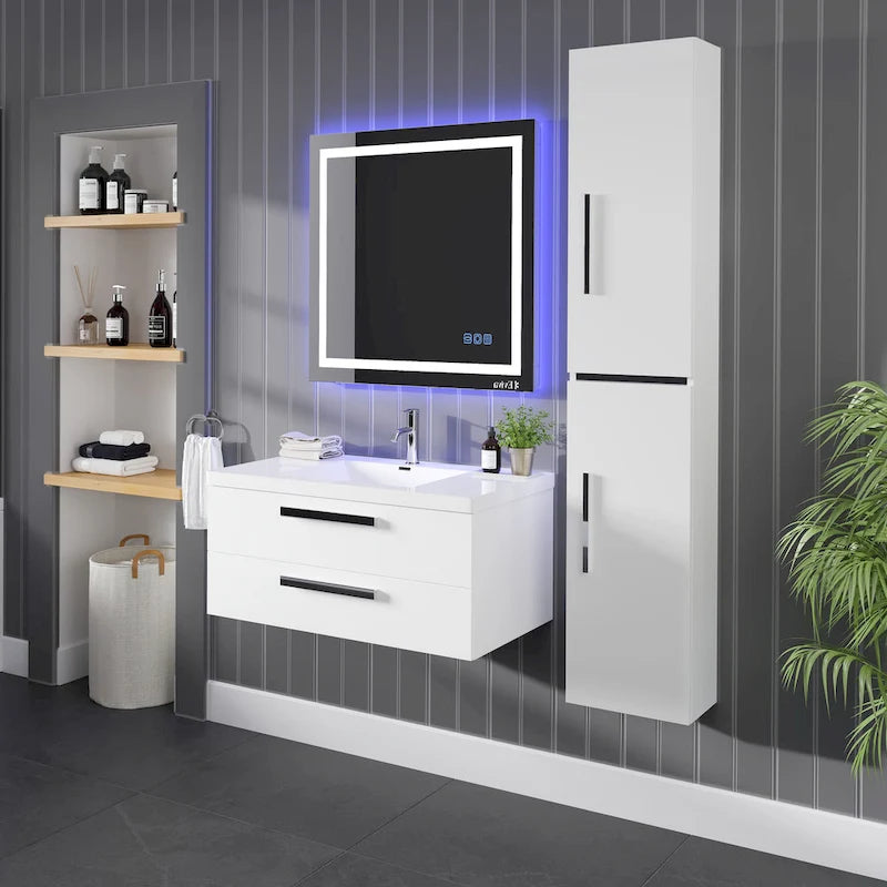 Armoire à linge autoportante blanc brillant 14"L x 70"H – Colonne de rangement pour salle de bain