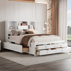 Lit Plateforme Moderne en Bois avec Tête de Lit Rangement et 8 Tiroirs pour Chambre à Coucher