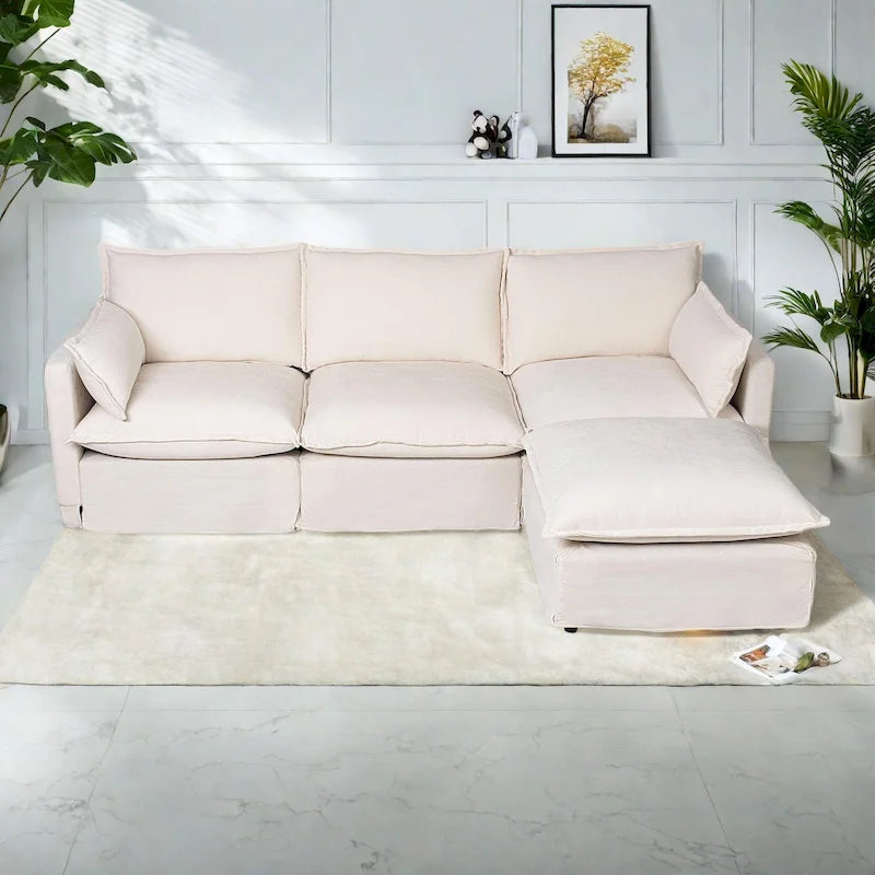 Canapé sectionnel modulaire en similicoton de 93,31 po avec pouf amovible, cadre en bois massif et coussins en mousse haute résilience