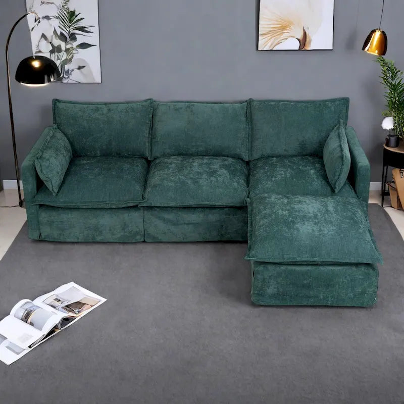 Canapé sectionnel modulaire en similicoton de 93,31 po avec pouf amovible, cadre en bois massif et coussins en mousse haute résilience