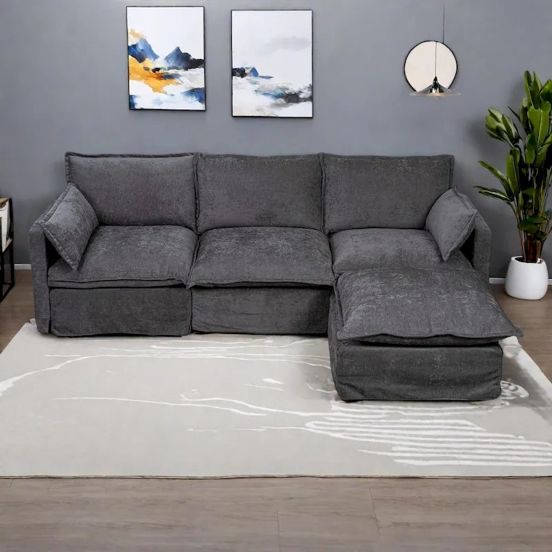 Canapé sectionnel modulaire en similicoton de 93,31 po avec pouf amovible, cadre en bois massif et coussins en mousse haute résilience