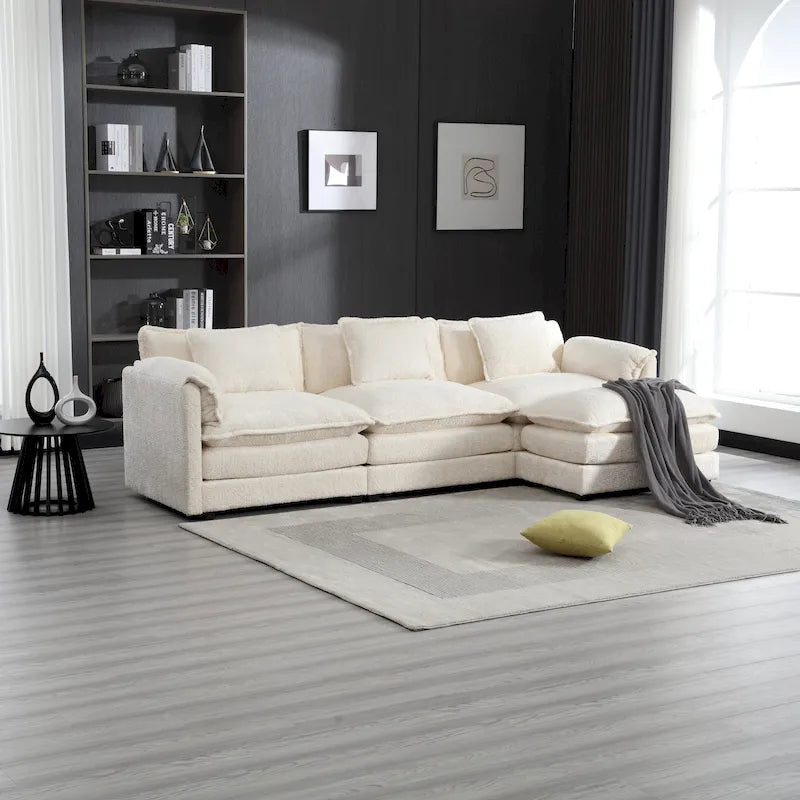 Canapé d'angle 4 places beige 112.2 en tissu bouclé moderne avec coussins amovibles et accoudoirs détachables