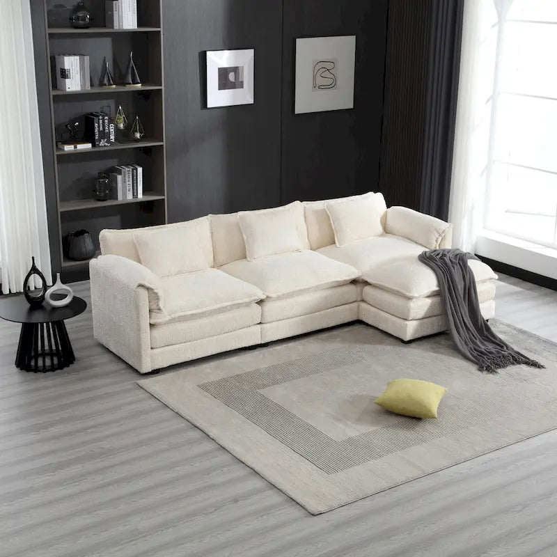 Canapé d'angle 4 places beige 112.2 en tissu bouclé moderne avec coussins amovibles et accoudoirs détachables