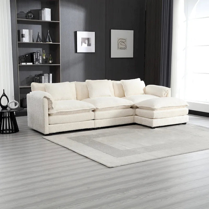 Canapé d'angle 4 places beige 112.2 en tissu bouclé moderne avec coussins amovibles et accoudoirs détachables