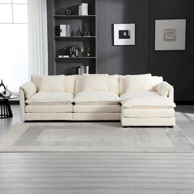 Canapé d'angle 4 places beige 112.2 en tissu bouclé moderne avec coussins amovibles et accoudoirs détachables