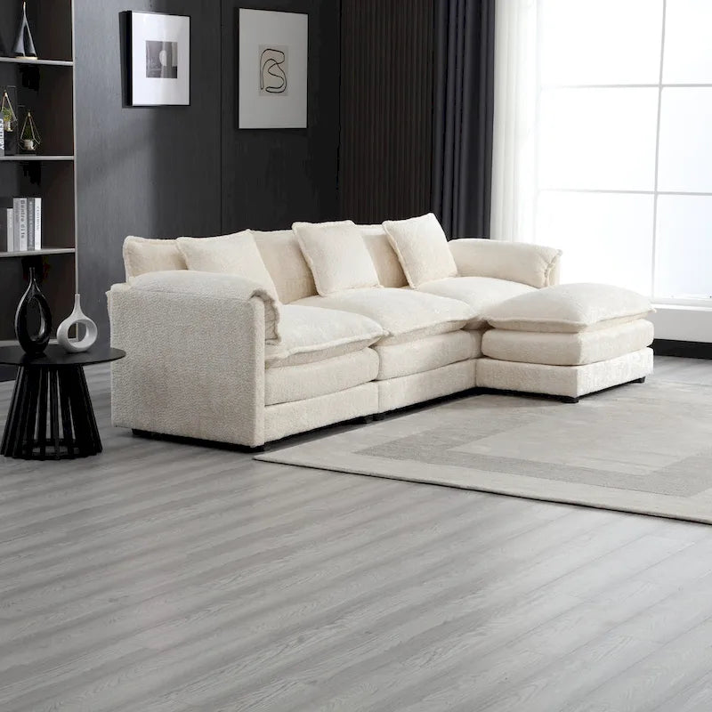 Canapé d'angle 4 places beige 112.2 en tissu bouclé moderne avec coussins amovibles et accoudoirs détachables
