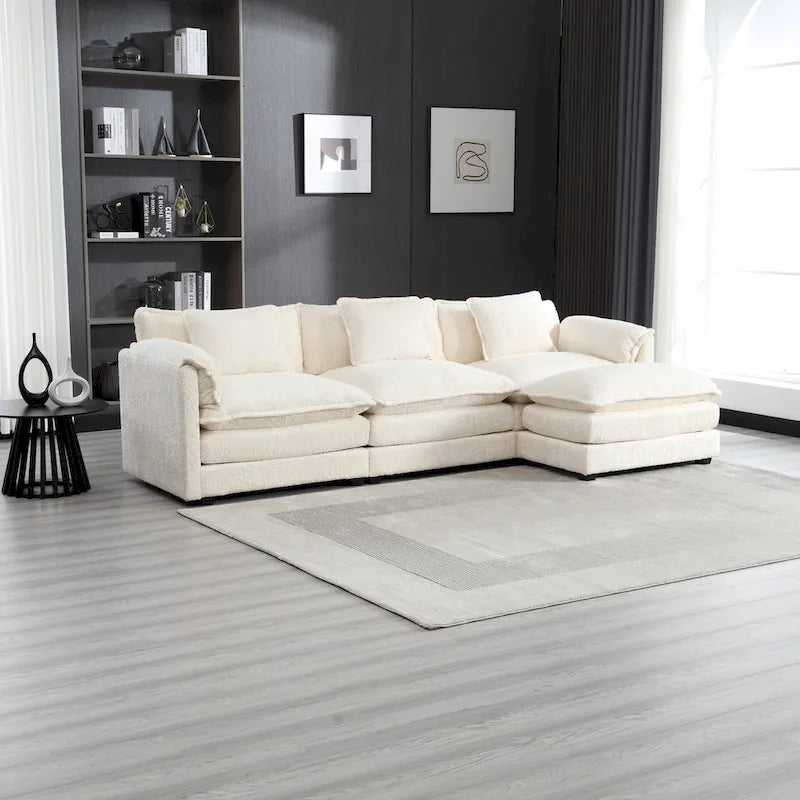 Canapé d'angle 4 places beige 112.2 en tissu bouclé moderne avec coussins amovibles et accoudoirs détachables