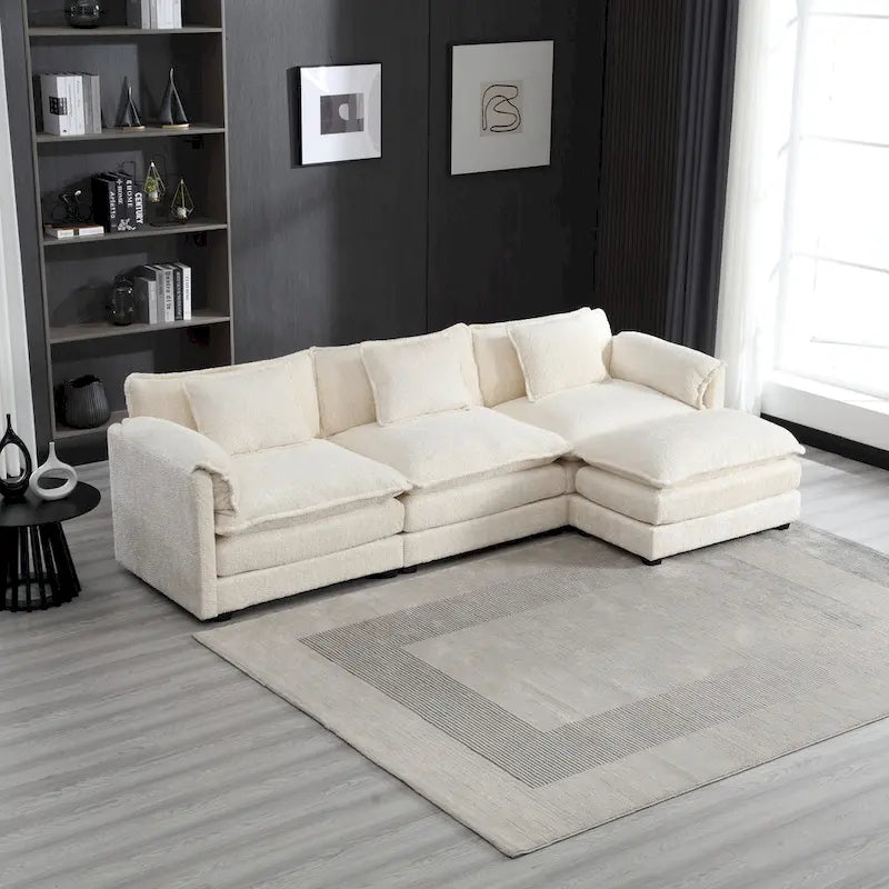 Canapé d'angle 4 places beige 112.2 en tissu bouclé moderne avec coussins amovibles et accoudoirs détachables