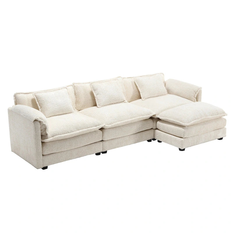 Canapé d'angle 4 places beige 112.2 en tissu bouclé moderne avec coussins amovibles et accoudoirs détachables