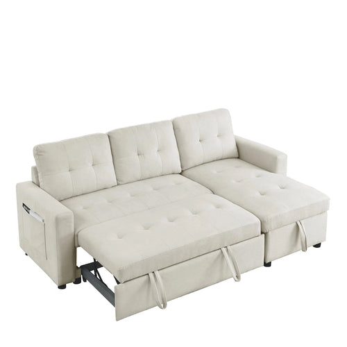 Canapé d'angle convertible 3 places réversible beige 78,5 avec rangement, lit gigogne et poche latérale