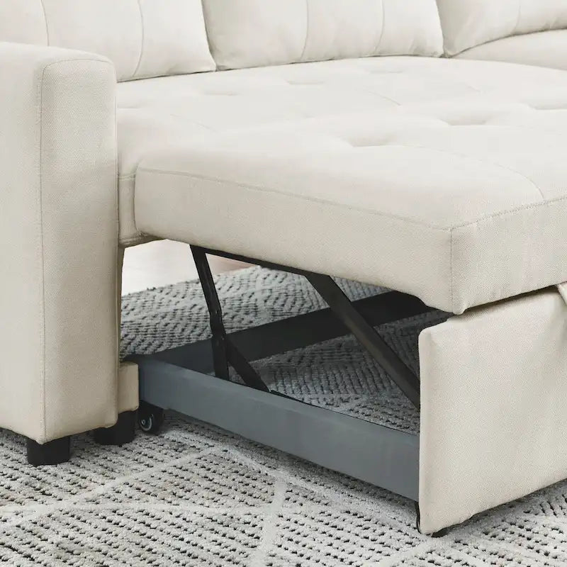 Canapé d'angle convertible 3 places réversible beige 78,5 avec rangement, lit gigogne et poche latérale