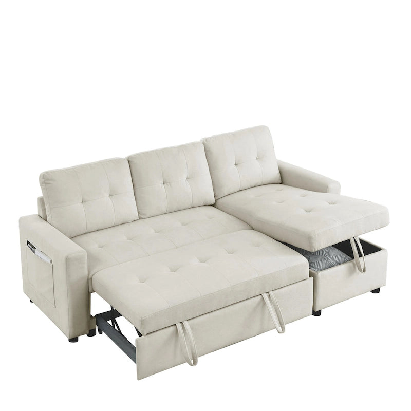 Canapé d'angle convertible 3 places réversible beige 78,5 avec rangement, lit gigogne et poche latérale