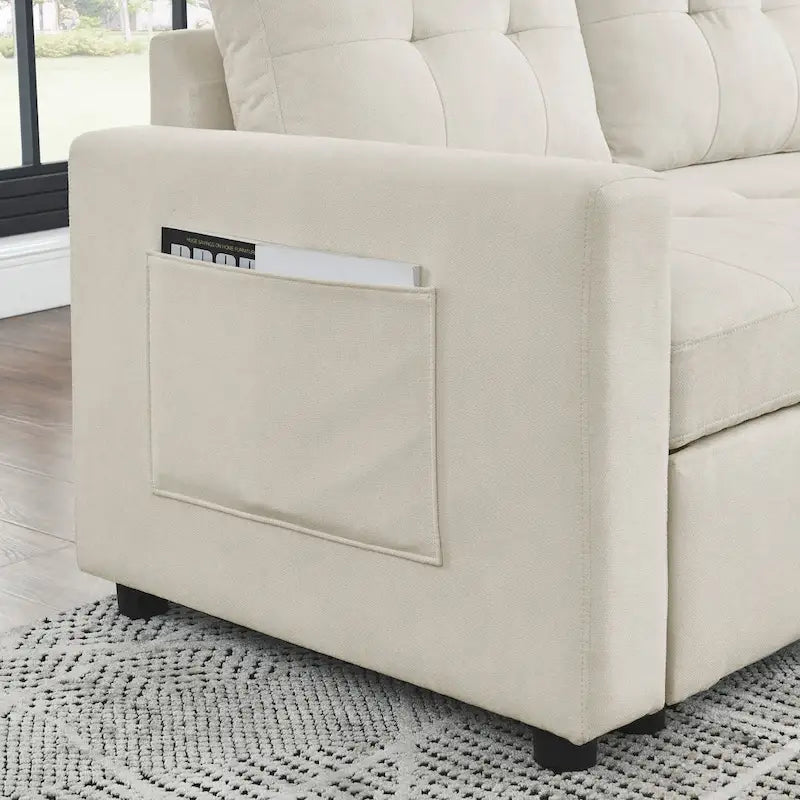 Canapé d'angle convertible 3 places réversible beige 78,5 avec rangement, lit gigogne et poche latérale