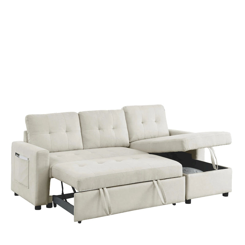 Canapé d'angle convertible 3 places réversible beige 78,5 avec rangement, lit gigogne et poche latérale