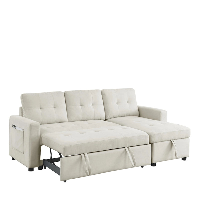 Canapé d'angle convertible 3 places réversible beige 78,5 avec rangement, lit gigogne et poche latérale