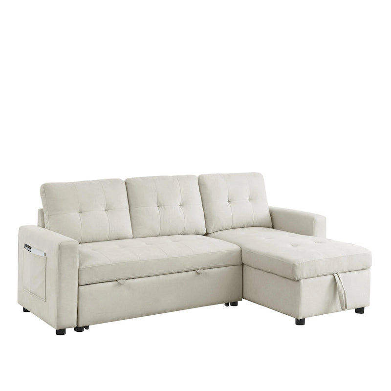 Canapé d'angle convertible 3 places réversible beige 78,5 avec rangement, lit gigogne et poche latérale