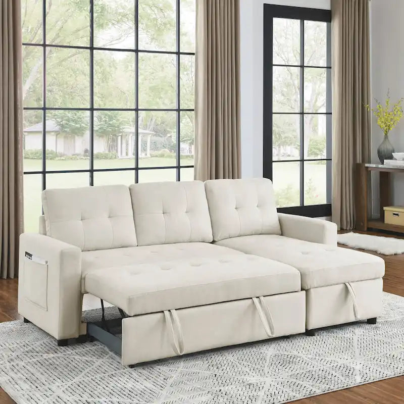Canapé d'angle convertible 3 places réversible beige 78,5 avec rangement, lit gigogne et poche latérale