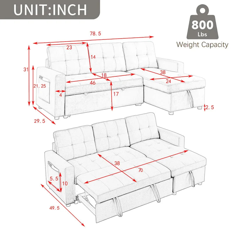Canapé d'angle convertible 3 places réversible beige 78,5 avec rangement, lit gigogne et poche latérale