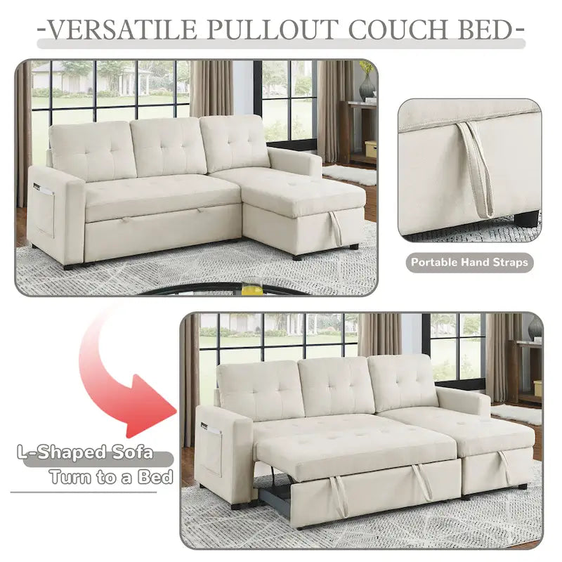 Canapé d'angle convertible 3 places réversible beige 78,5 avec rangement, lit gigogne et poche latérale