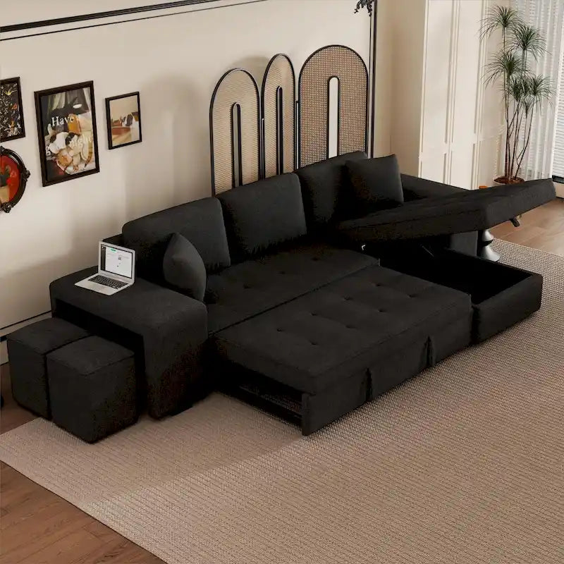 Canapé convertible 3 places en L de 104,5 po gris anthracite avec lit gigogne, méridienne de rangement et 2 poufs pour salon