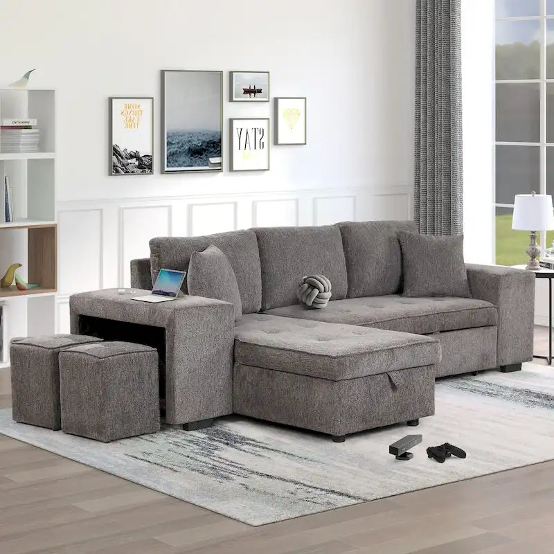 Canapé convertible 3 places en L de 104,5 po gris anthracite avec lit gigogne, méridienne de rangement et 2 poufs pour salon