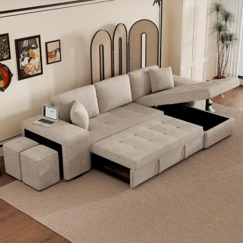 Canapé convertible 3 places en L de 104,5 po gris anthracite avec lit gigogne, méridienne de rangement et 2 poufs pour salon