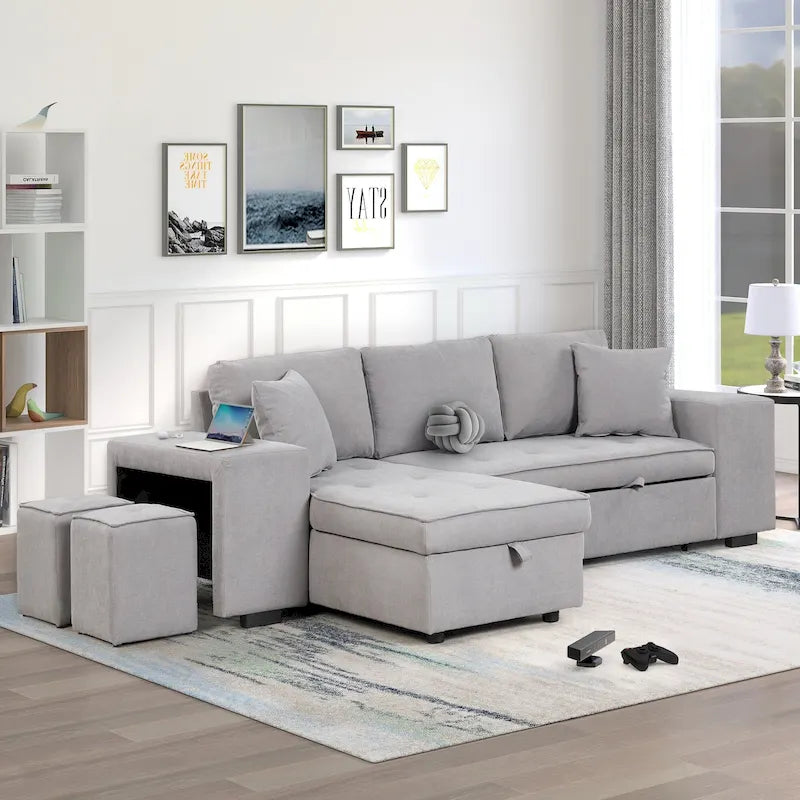 Canapé convertible 3 places en L de 104,5 po gris anthracite avec lit gigogne, méridienne de rangement et 2 poufs pour salon