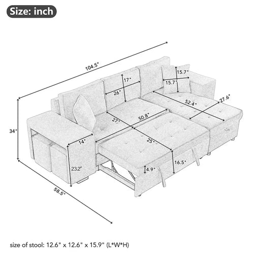 Canapé convertible 3 places en L de 104,5 po gris anthracite avec lit gigogne, méridienne de rangement et 2 poufs pour salon