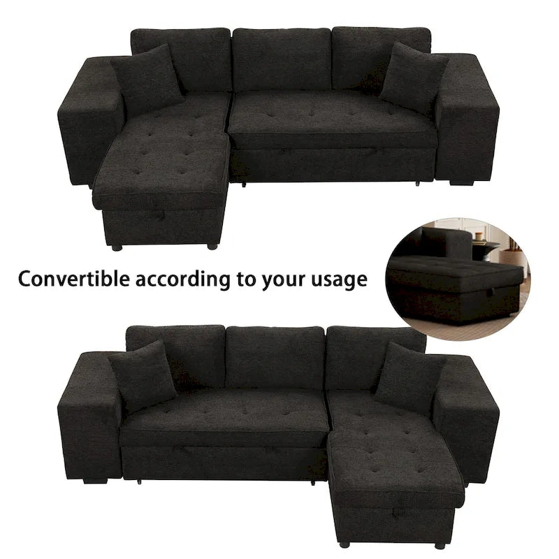 Canapé convertible 3 places en L de 104,5 po gris anthracite avec lit gigogne, méridienne de rangement et 2 poufs pour salon