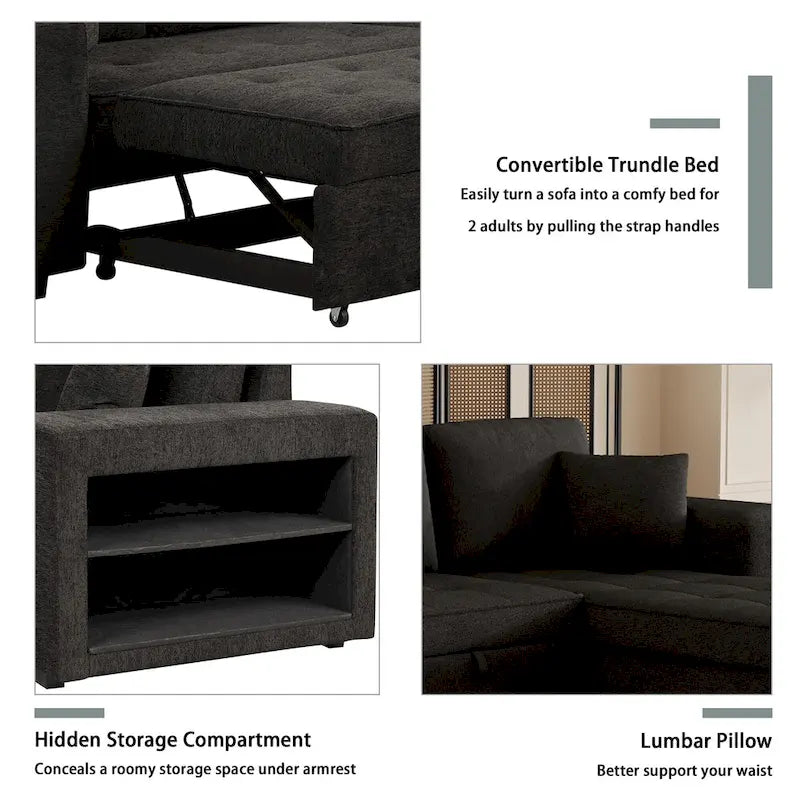 Canapé convertible 3 places en L de 104,5 po gris anthracite avec lit gigogne, méridienne de rangement et 2 poufs pour salon