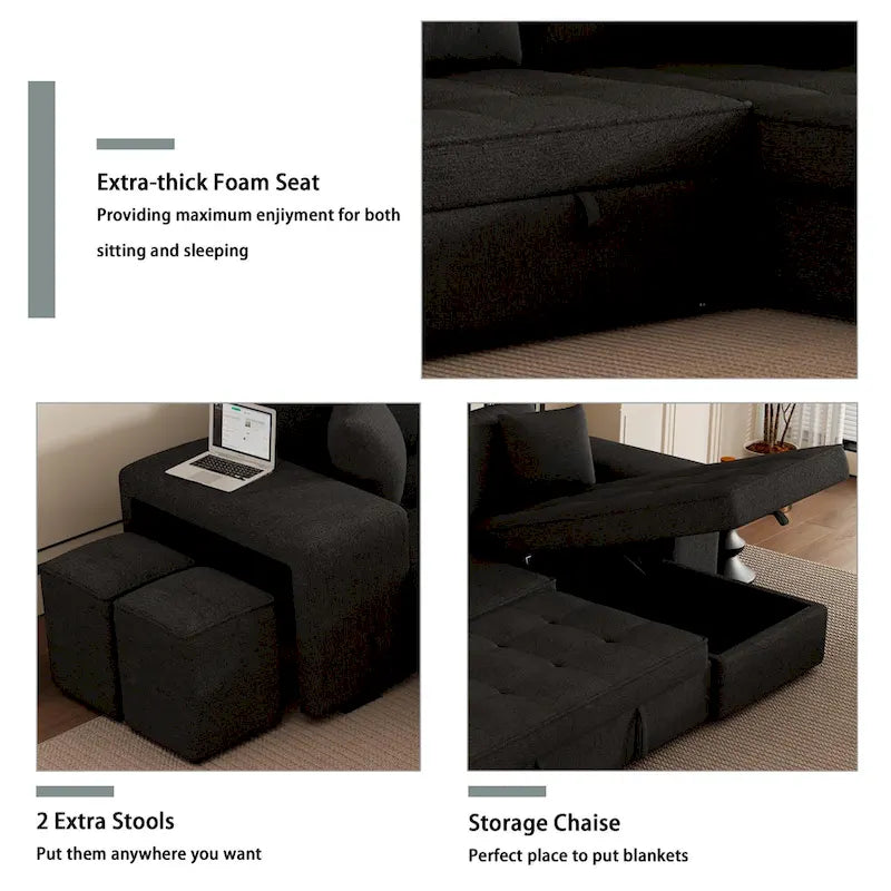 Canapé convertible 3 places en L de 104,5 po gris anthracite avec lit gigogne, méridienne de rangement et 2 poufs pour salon