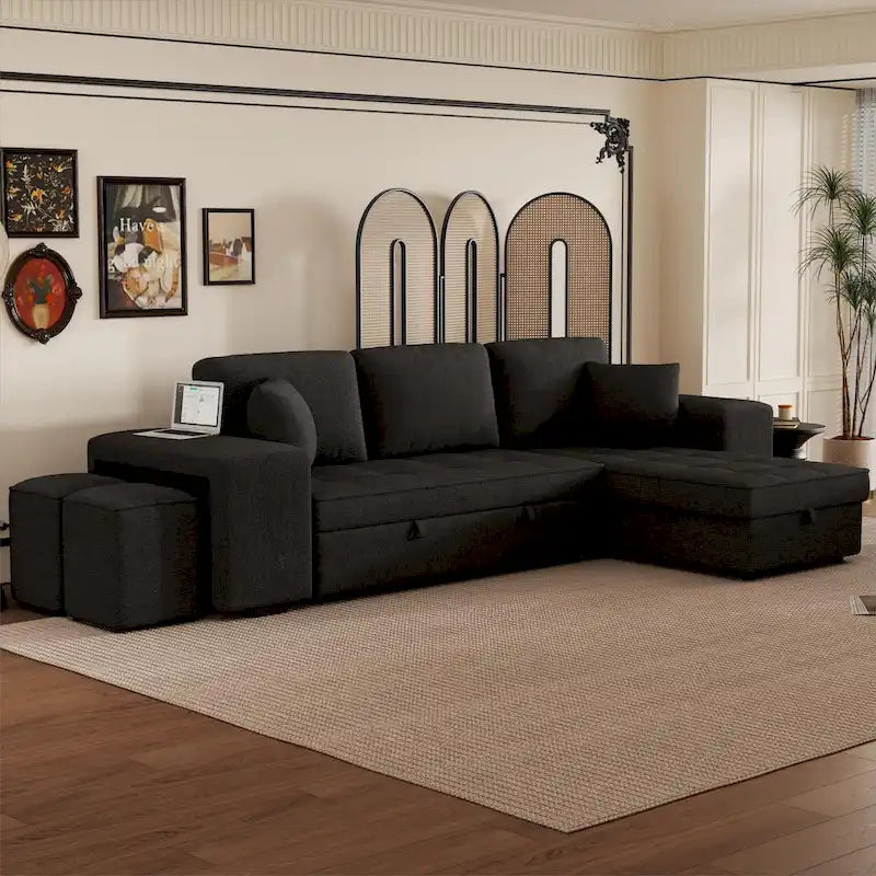 Canapé convertible 3 places en L de 104,5 po gris anthracite avec lit gigogne, méridienne de rangement et 2 poufs pour salon