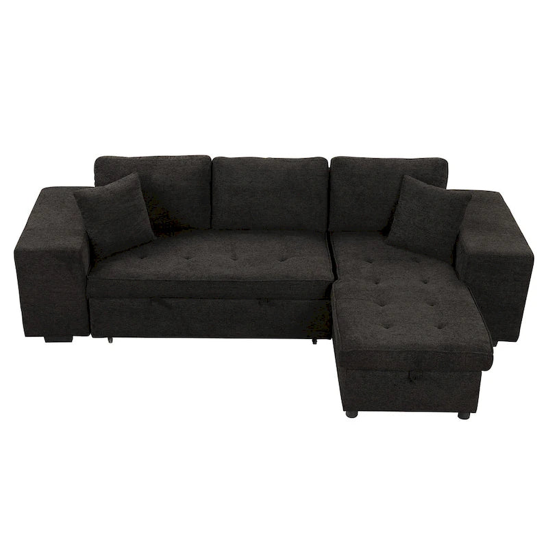 Canapé convertible 3 places en L de 104,5 po gris anthracite avec lit gigogne, méridienne de rangement et 2 poufs pour salon